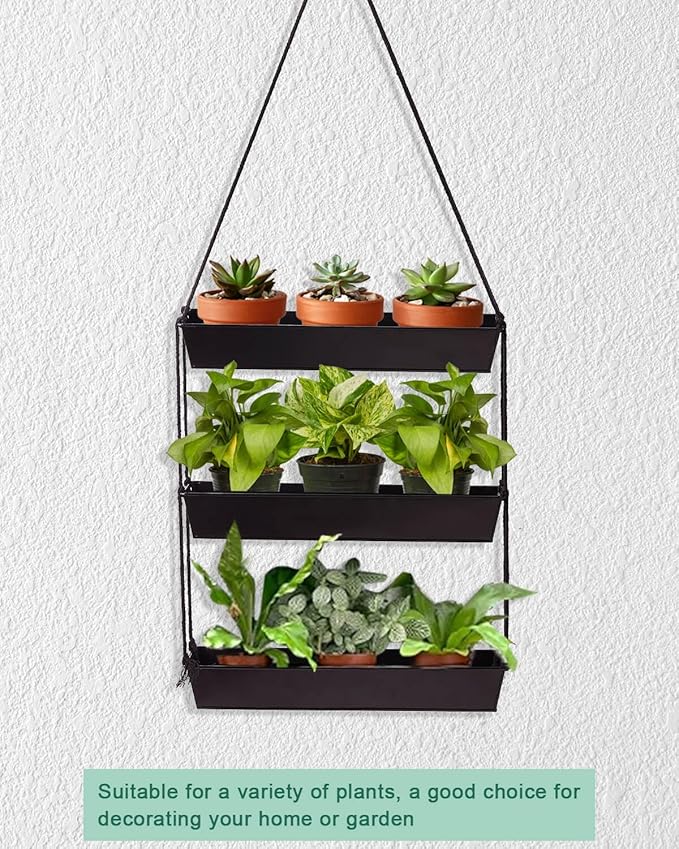 vensovo 16" Metal Wall Planter – 3-Tier Black Galvanized Hanging Shelf for Indoor Outdoor Plants, Vertical Garden Wall Mount for Balcony, Kitchen, or Entryway Decor