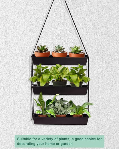 vensovo 16" Metal Wall Planter – 3-Tier Black Galvanized Hanging Shelf for Indoor Outdoor Plants, Vertical Garden Wall Mount for Balcony, Kitchen, or Entryway Decor