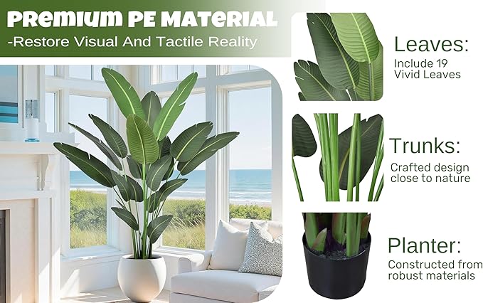 Artificial Bird of Paradise Tree 7FT with 19 Leaves Realistic Thick Banana Leaf Tall Large Faux Tropical Plant 82 Inch Black Pot for Indoor Home Office Poolside Porch Mall Hotel School Decor