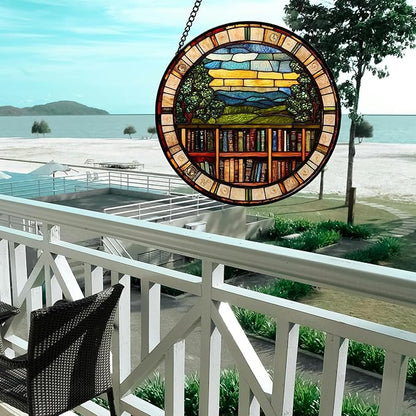 Stained Glass Window Hanging Retro Books Scenery Large 15" - Abstract Suncatcher Door Garden Sun Catcher Home Decor Birthday Christmas for Mom Men Woman Nana Friend Wife
