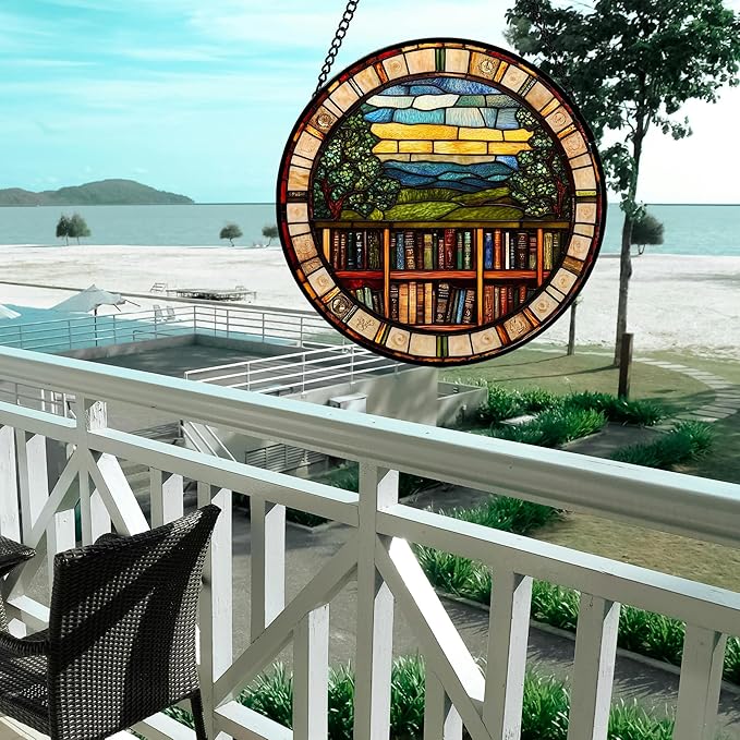 Stained Glass Window Hanging Retro Books Scenery 6.3" - Abstract Suncatcher Door Garden Sun Catcher Home Decor Birthday Christmas for Mom Men Woman Nana Friend Wife