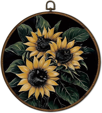 cvjutf Gothic Black Cats Flower Wall Art Decor Framed, Dark Moody Flower Botanical Round Wall Decor, Farmhouse Cat Flowers Canvas Prints Art for Gallery Bathroom Living Room, Black Cat Gifts, 10x10In