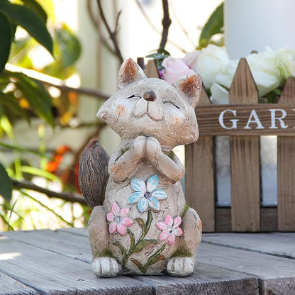 Fox Statue for Garden Decor, Garden Statue with Solar Power Light for Outdoor Patio Porch Lawn Yard Backyard Oudside Indoor Shelf Decoration,Praying Fox Sculptures & Statues Woman