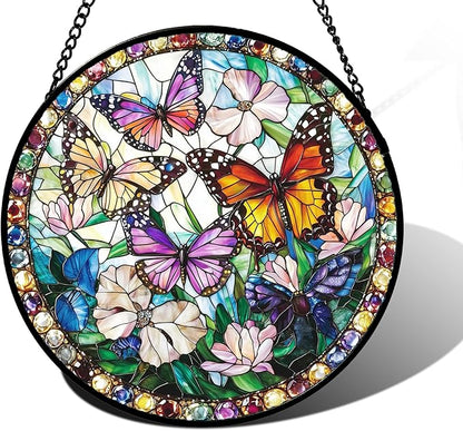 Stained Glass Window Hanging, Colorful Butterfly Suncatcher for Doors Home Sun Catchers Decoration and Christmas, Mother's Day Birthday Gifts for Women, Men, and Mom 9.8 in