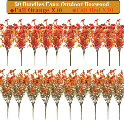 20 Bundles UV Resistant Artificial Fall Flowers Outdoor - Fake Autumn Plants for Thanksgiving Porch, Pumpkin Decor | All-Weather Faux Eucalyptus & Daisy (Fall Mix)