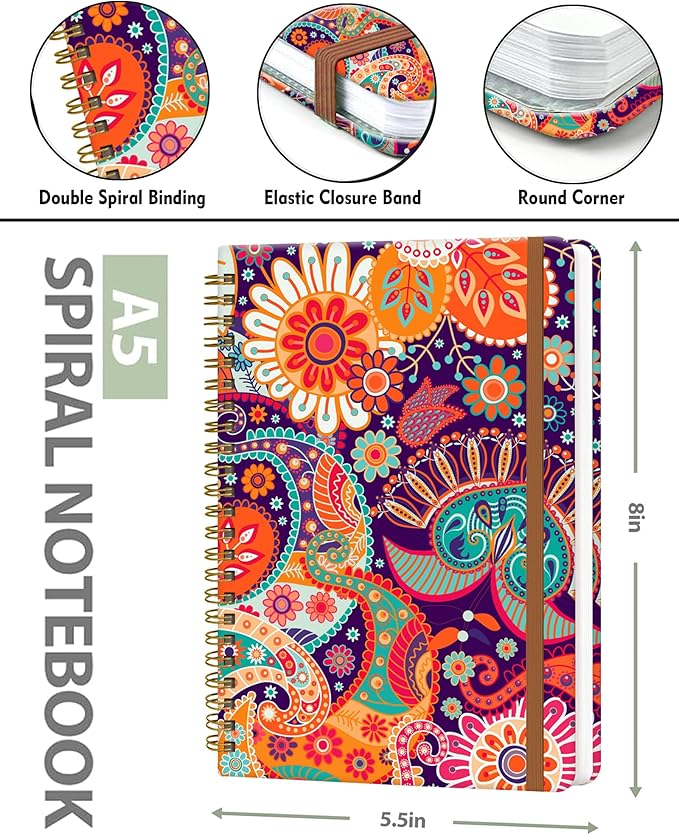 Spiral Journal Notebook for Women, Hardcover A5 College Ruled Notebook, 120 Pages, Thick Paper, Cute Lined Journal for School, Office & Work, 6 x 8.4 in(Red Orange Boho Floral)