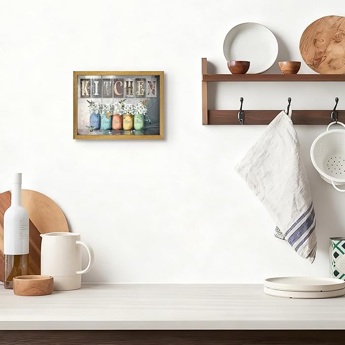 Vintage Kitchen Wall Art, Modern Farmhouse Wall Decor, Canvas Print Poster Oil Painting, Country Kitchen Dining Room Floral Still Life Paintings for Dining Room Home Decor 8x10 Inch Wood Framed