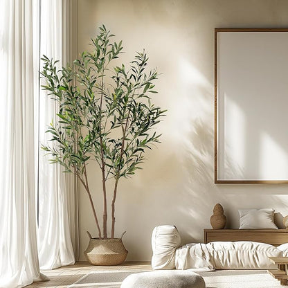 6FT Artificial Olive Tree Tall Faux Silk Plant Tall Faux Olive Tree with Natural Wood Trunk & Lifelike Fruits Fake Potted Tree or Home Office Decor