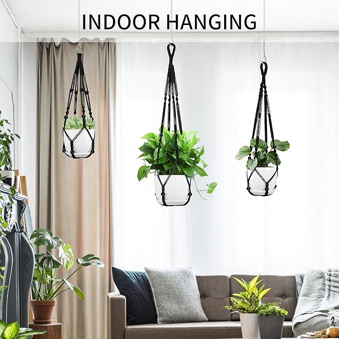 Macrame Plant Hanger - Fits 4 to 13 inches Pots for Indoor Outdoor, 35"/29"/23" Different Sizes Set, Black (POTS NOT Included)
