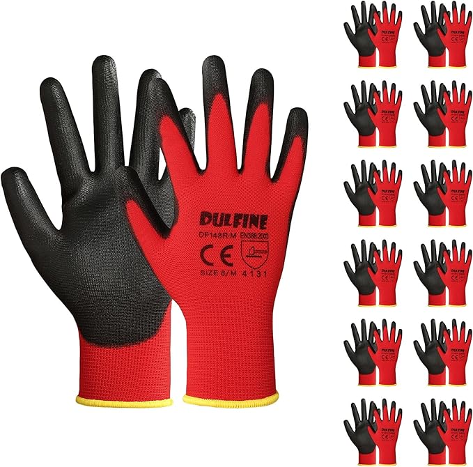 Safety Work Gloves PU Coated-12 Pairs,Red Seamless Knit Glove with Polyurethane Coated Smooth Grip on Palm & Fingers, for Men and Women, Ideal for General Duty Work (XX-Large)