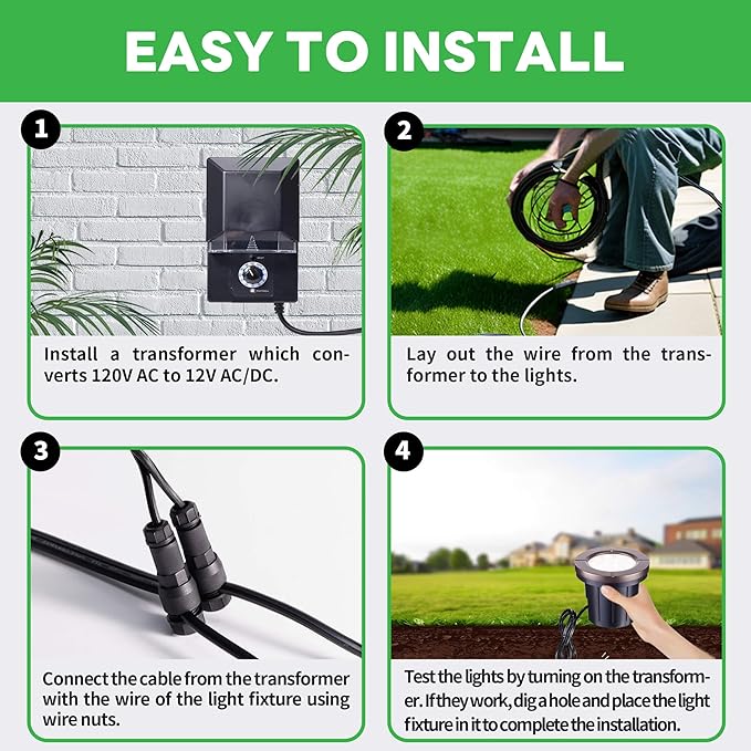 Landscape Well Lights Kit, 4 Pack LED Low Voltage Ground Lights and 100W Transformer and 100FT Cable and 20 Wire Connectors, IP67 Waterproof Aluminum for Driveway Walkway Tree 580LM