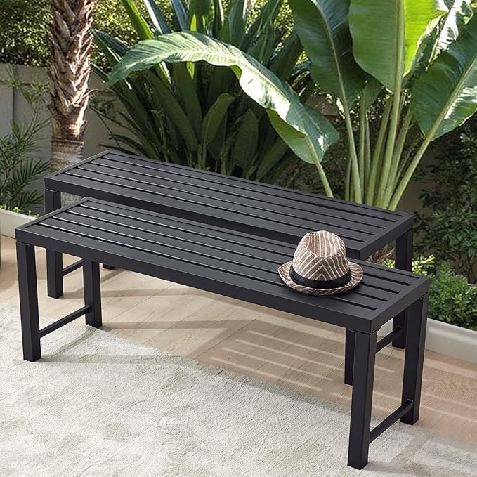 Black Outdoor Backless Bench for Garden, Set of 2, Metal Outdoor Bench Weatherproof, Patio Benches for Outdoors, Benches Seat for Backyard, Porch, Plant Stand and Holder