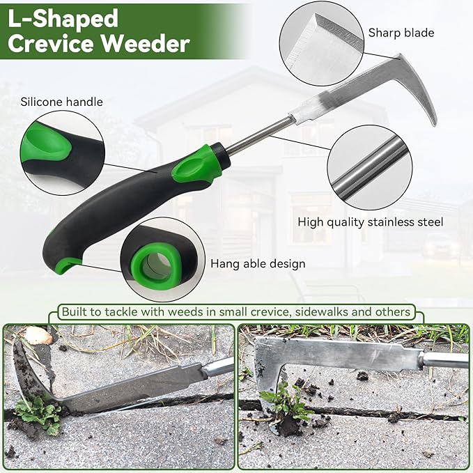 Stand Up Hand Weeding Tool Set, Heavy Duty Stainless Steel Weed Puller for Lawn & Garden with 4-Claw Digger, Crack Weeder and Ergonomic Rubber Handle Manual（3 Pcs）