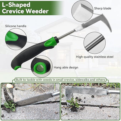 Stand Up Hand Weeding Tool Set, Heavy Duty Stainless Steel Weed Puller for Lawn & Garden with 4-Claw Digger, Crack Weeder and Ergonomic Rubber Handle Manual（3 Pcs）