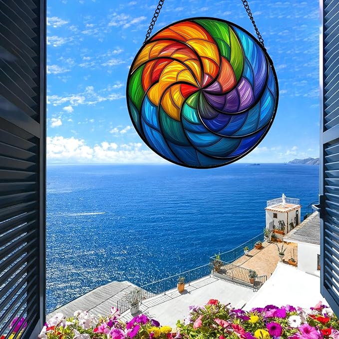 Stained Glass Window Hanging Rainbow Colored Abstract Vortex 9.8" - Suncatcher Door Garden Sun Catcher Home Decor Birthday Christmas for Woman Nana Friend Men