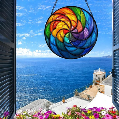 Stained Glass Window Hanging Rainbow Colored Abstract Vortex 9.8" - Suncatcher Door Garden Sun Catcher Home Decor Birthday Christmas for Woman Nana Friend Men