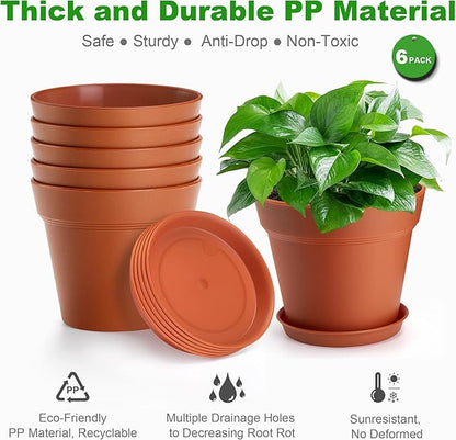 6 Pack Plastic Plant Pots with Drainage Holes and Tray, 7 inch Thickened Indoor Planters Seedlings Nursery Pots for Flowers, African Violet, Succulent and All House Plants, Terracotta