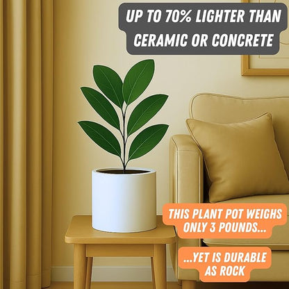 Fox & Fern 8 Inch Plant Pot with Drainage Plug — Premium Lightweight Fiberstone Matte White Planter; Indoor & Outdoor Planter; 8 Inch Pots for Plants; Weather Resistant & UV Resistant