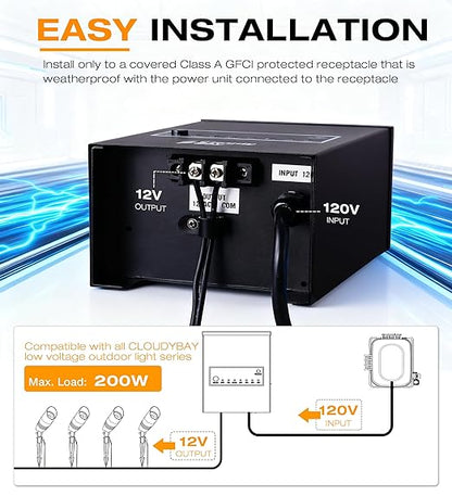 CLOUDY BAY 200W Low Voltage Outdoor Transformer with Photocell Light Sensor and Timer,120V AC to 12V AC Power Pack,for Landscape Lighting