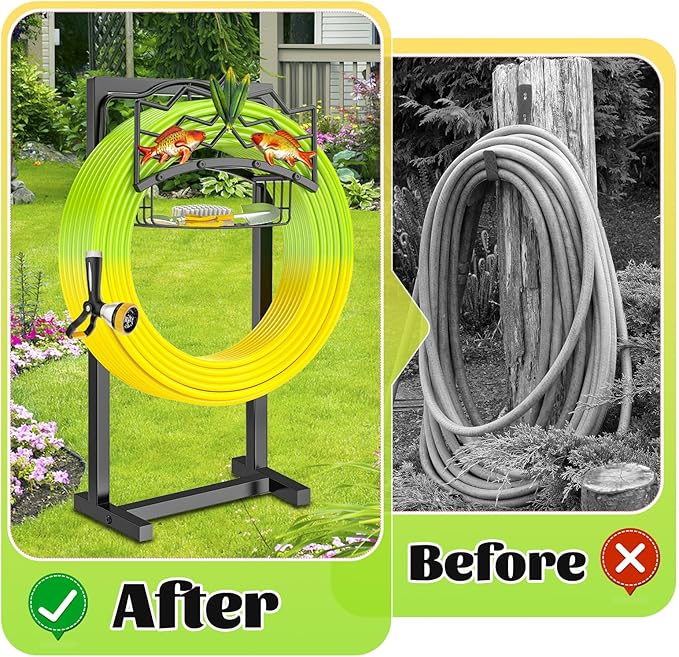 Garden Hose Holder, Heavy Duty Metal Water Hose Holders Stand with 4 Spikes, Freestanding Outdoor Water Pipe Storage Rack Hanger 150ft for Outside Yard Lawn Decor