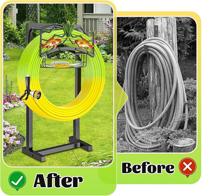 Garden Hose Holder, Heavy Duty Metal Water Hose Holders Stand with 4 Spikes, Freestanding Outdoor Water Pipe Storage Rack Hanger 150ft for Outside Yard Lawn Decor