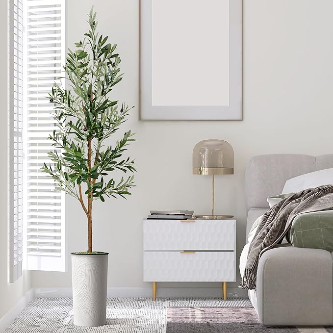 Artificial Tree in White Marble Effect Planter, Fake Olive Silk Tree for Indoor and Outdoor Home Decoration - 68" Overall Tall (Plant Pot Plus Tree)