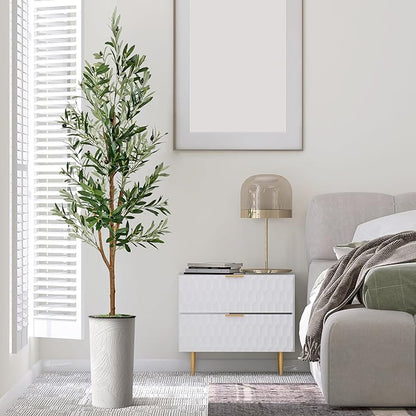 Artificial Tree in White Marble Effect Planter, Fake Olive Silk Tree for Indoor and Outdoor Home Decoration - 68" Overall Tall (Plant Pot Plus Tree)