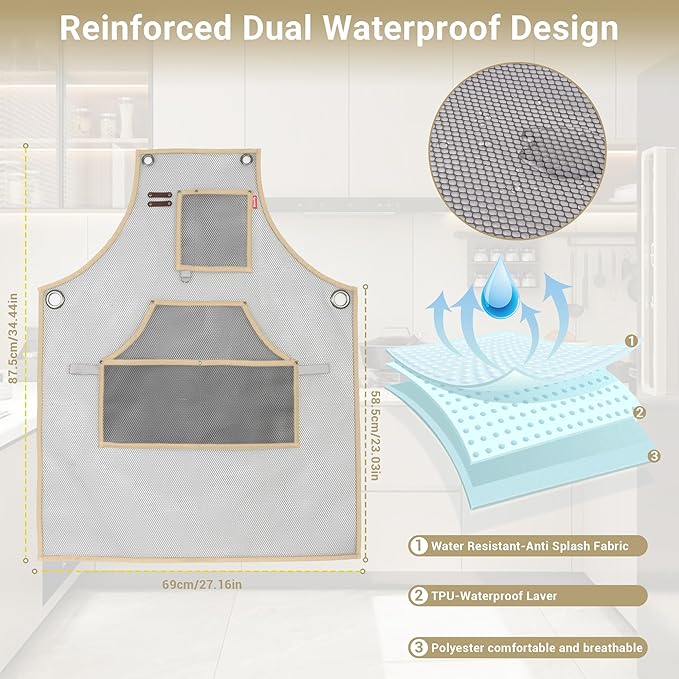 Waterproof Work Apron for Chefs, Hair Stylists, Artists, Gardeners, Adjustable, Multi-Pockets, TPU Mesh Fabric, Plus Size