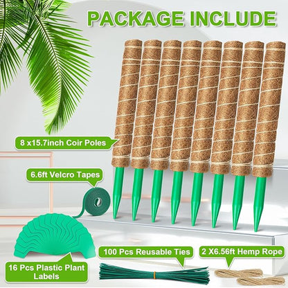 EAONE Moss Pole 128 Inch, 8 Pack 16" Monstera Plant Support for Climbing Potted Live Plants Indoor, Stackable Coco Coir Moss Sticks Monstera Stakes for Pothos Philodendron, with Garden Labels & Ties