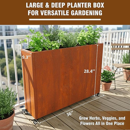 36" L x 9.3" W x 28.4" H Corten Steel Planter Box with Wheels & Removable Shelf – Rolling Raised Garden Bed with Rust Patina, Smart Drainage System, Outdoor Planter for Patio & Modern Décor