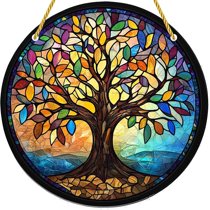 Acrylic Stained Window Hanging Art Tree Acrylic Decoration for Indoor Outdoor Home Bar Office Garden Plastic Ornament Decor 12x12 Inch
