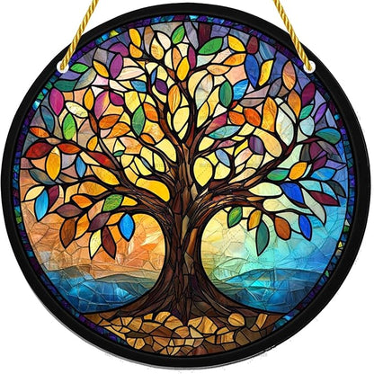 Acrylic Stained Window Hanging Art Tree Acrylic Decoration for Indoor Outdoor Home Bar Office Garden Plastic Ornament Decor 12x12 Inch