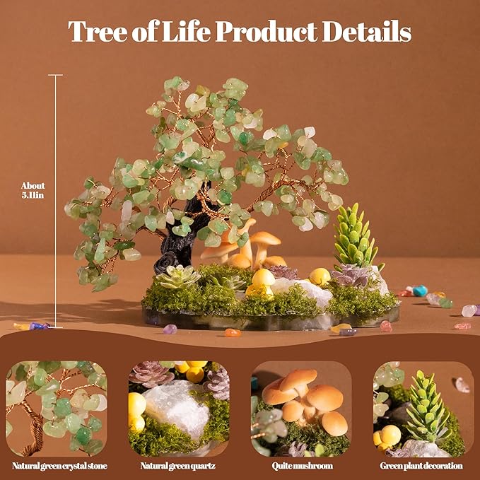 Crystal Tree of Life, Dreamsum Green Healing Crystal Trees for Home Decor, Office and Wall Decor, Living Room Decor, Handmade Bonsai Trees for Positive Energy, Good Luck Birthday Gifts for Women, Mom