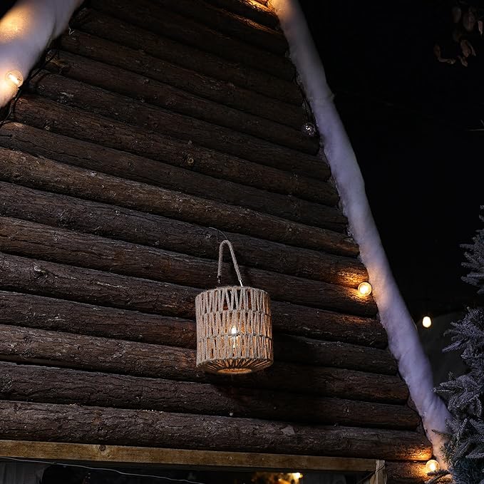 Cooo Large Solar Rope Lantern Outdoor Hanging – Handwoven Jute Rope Lantern with Warm Edison Bulb, IP65 Waterproof Solar Powered Garden Light for Porch Patio, Yard Christmas Decorations, 8.27” Tall