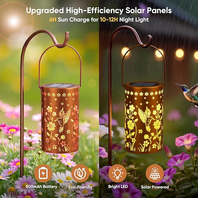 Solar Lanterns Outdoor Waterproof: 2 Pack Hummingbird Decor Valentines Day Gifts for Her - 2 Modes Vintage Metal Hanging Solar Lights for Outside Patio Porch - Gardening Gifts for Women Mom