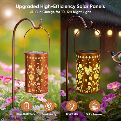 Solar Lanterns Outdoor Waterproof: 2 Pack Hummingbird Decor Valentines Day Gifts for Her - 2 Modes Vintage Metal Hanging Solar Lights for Outside Patio Porch - Gardening Gifts for Women Mom