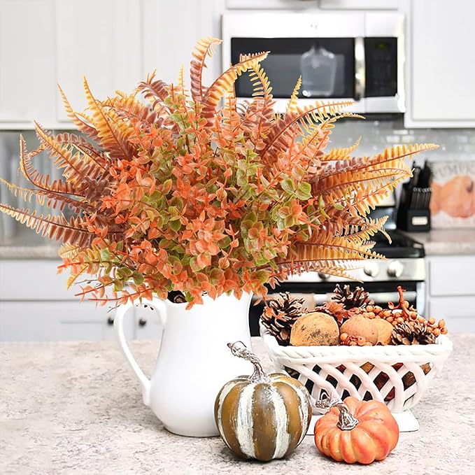 Uieke 6PCS Artificial Fall Flowers Outdoor UV Resistant, 3PCS Fall Fake Plants with 3PCS Autumn Boston Fern Plants Bushes for Outside Garden Front Porch Sidewalk Window Box Fall Décor Orange