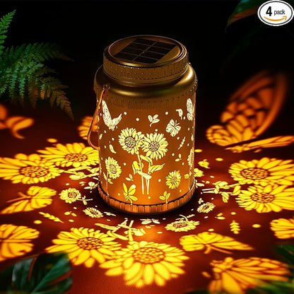 Cooo 4 Pack Solar Lanterns Outdoor Waterproof Sunflower Butterfly Solar Pathway Lights Landscape Path Christmas Gifts for Women Mom Grandma for Outdoor Table Lamps Garden Yard Backyard Decor -Gold