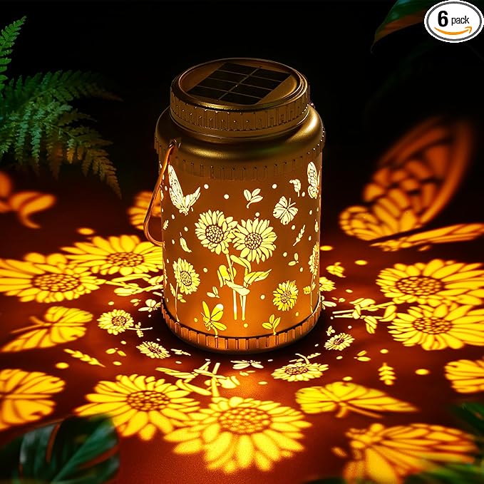 Cooo 6 Pack Solar Lanterns Outdoor Waterproof Sunflower Butterfly Solar Pathway Lights Landscape Path Christmas Gifts for Women Mom Grandma for Outdoor Table Lamps Garden Yard Backyard Decor -Gold