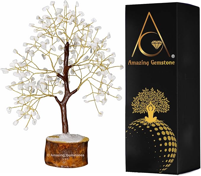 White Moonstone Natural Healing Premium Crystal Bonsai Feng Shui Fortune Money Tree of Life for Home Office Decor (Gift Box Ready,10-12 Inch)