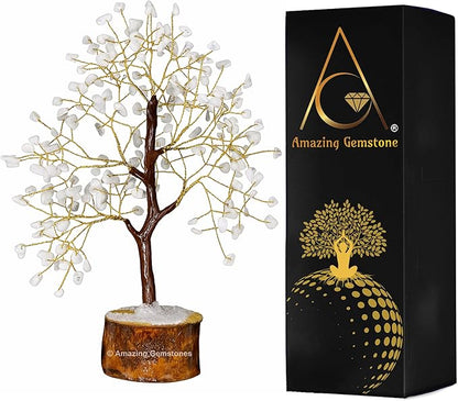 White Moonstone Natural Healing Premium Crystal Bonsai Feng Shui Fortune Money Tree of Life for Home Office Decor (Gift Box Ready,10-12 Inch)