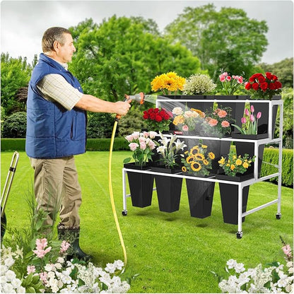 3 Layers Flower Display Stand with Buckets, 12 PCS Buckets Plant Stand with Wheels, Movable Metal Plant Stand for Terrace Garden, Living Room, Florist Shop