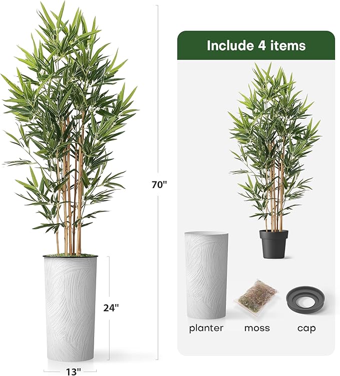 Artificial Tree in White Marble Effect Planter, Fake Bamboo Silk Tree for Indoor and Outdoor Home Decoration - 70" Overall Tall (Plant Pot Plus Tree)