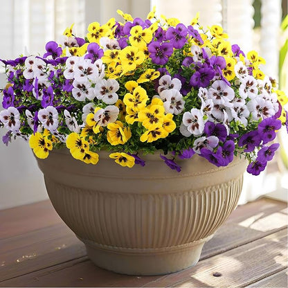 Artificial Fake Pansy Flowers for Outdoor, Faux Silk Pansies Spring Flowers for Outside for Planter Front Door Porch Yard Patio Window Box Home Decor (36, Purple, Yellow, White)