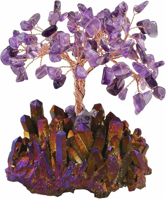 mookaitedecor Amethyst Crystal Tree, Quartz Cluster Purple Titanium Crystals Base Bonsai Money Tree for Wealth and Luck