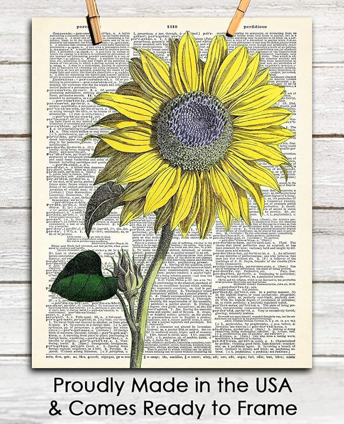 Vintage Sunflower Botanical Wall Art, Dictionary Posters - Give Your Home A Touch of Elegance With Plant Pictures Wall Art, Unframed 11x14 Botanical Decor Poster Prints