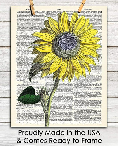 Vintage Sunflower Botanical Wall Art, Dictionary Posters - Give Your Home A Touch of Elegance With Plant Pictures Wall Art, Unframed 11x14 Botanical Decor Poster Prints