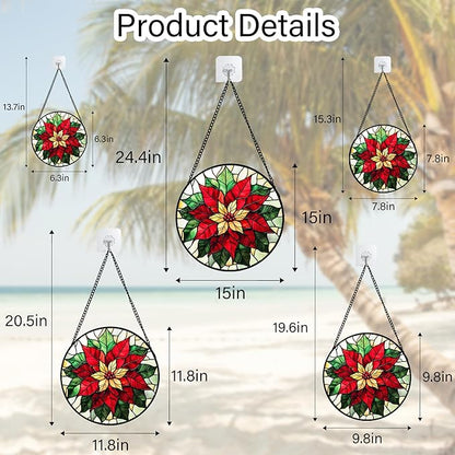 Stained Glass Window Hanging - Red Poinsettia Birth Flower Sun Catcher for Door Garden Home Decor Suncatcher Christmas Mother's Day Birthday Gifts for Women Men Mom Girl Nana Friend 11.8 in