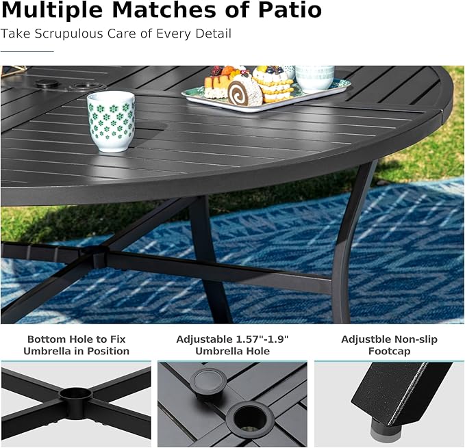 MFSTUDIO Round Patio Dining Set for 4, Metal Outdoor Dining Set with Umbrella Hole, 5 Piece Patio Table and Chairs Set for Backyard Deck Poolside