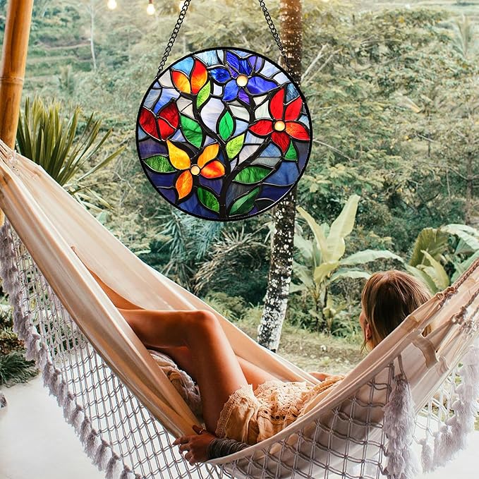 Stained Glass Window Hanging Colorful Flowers and Leaves Large 15" - Suncatcher Door Garden Sun Catcher Home Decor Birthday Christmas Mother's Day for Mom Men Woman Nana Friend